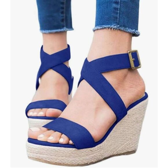 Coutgo Size 9 Wedge Sandals Cross Strap Espadrille Platform Ankle Buckle Summer - Picture 1 of 11